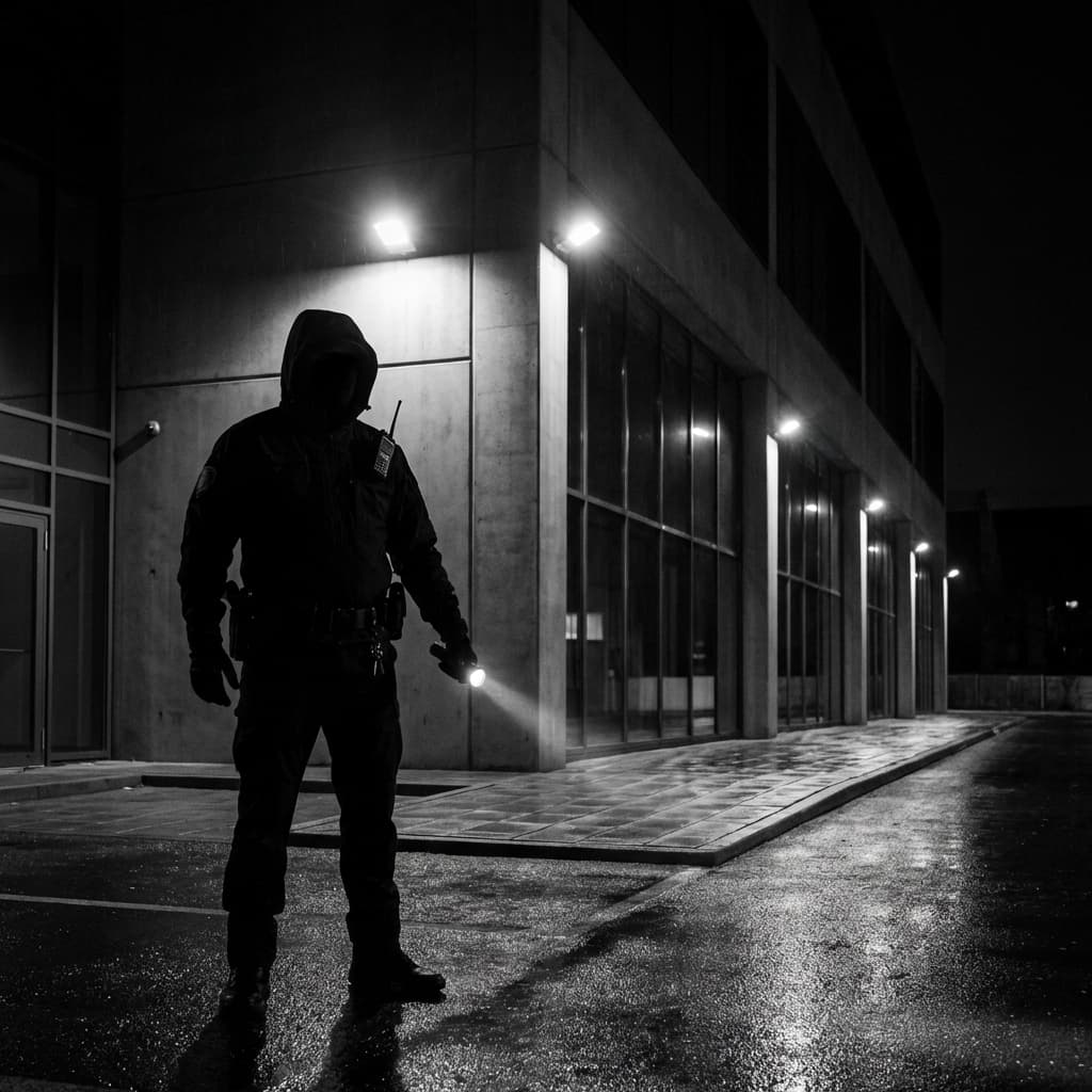 Security Guard Patrolling Modern Commercial Site at Night
